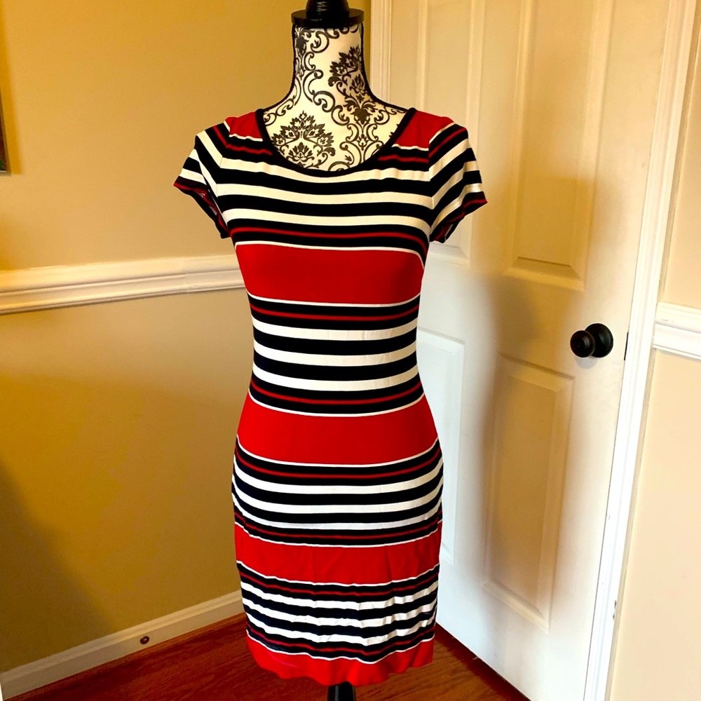 Banana Republic, Fitted Red, White, and Blue Stripe Midi Dress, size 2